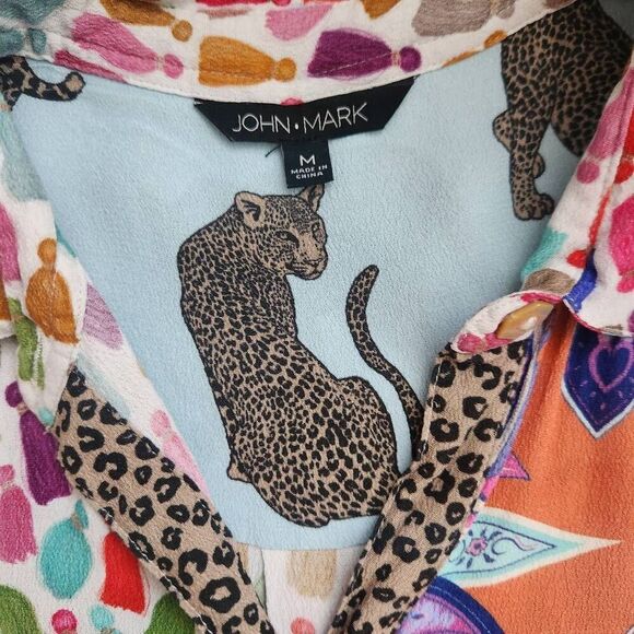 John Mark Tunic Top Womens Medium Button Front Boho Floral Leopard Paisley Anima - Picture 5 of 5